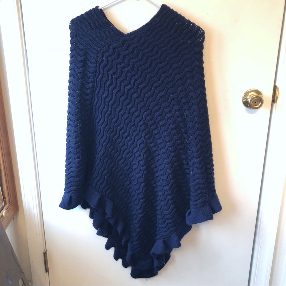 Knit Navy Ruffle Pancho - Picture 2 of 3